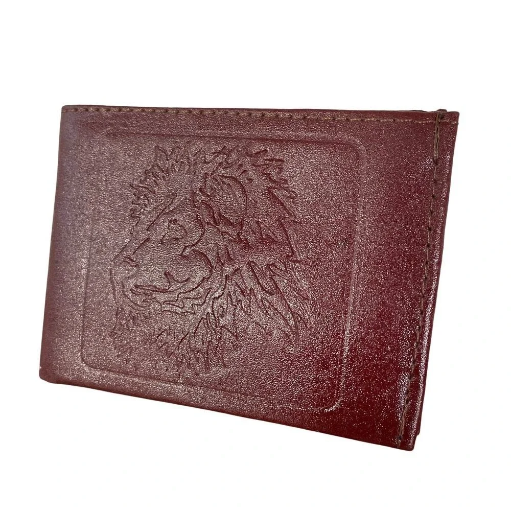 Men's Red‎ Leather Wallet with Lion Embossed Design Bi-Fold ID Holder